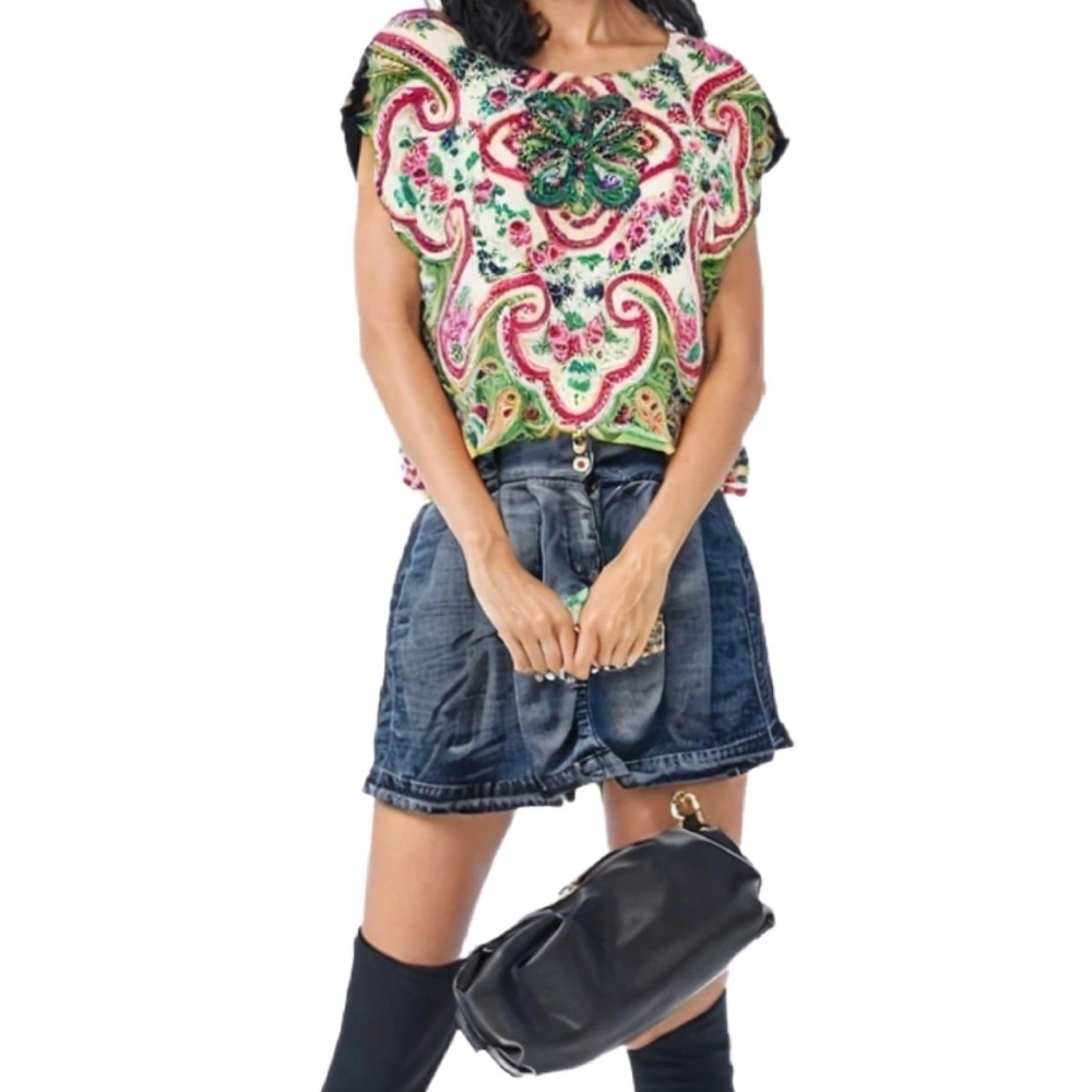 Anthropologie Maeve Smock Flowy Boho Blouse Silk Multi Floral Paisley Size XS